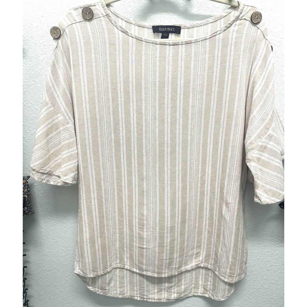 Ellen Tracy Top Blouse Sz S Linen Beachy Beige/ White Large Wooden Button Beachy